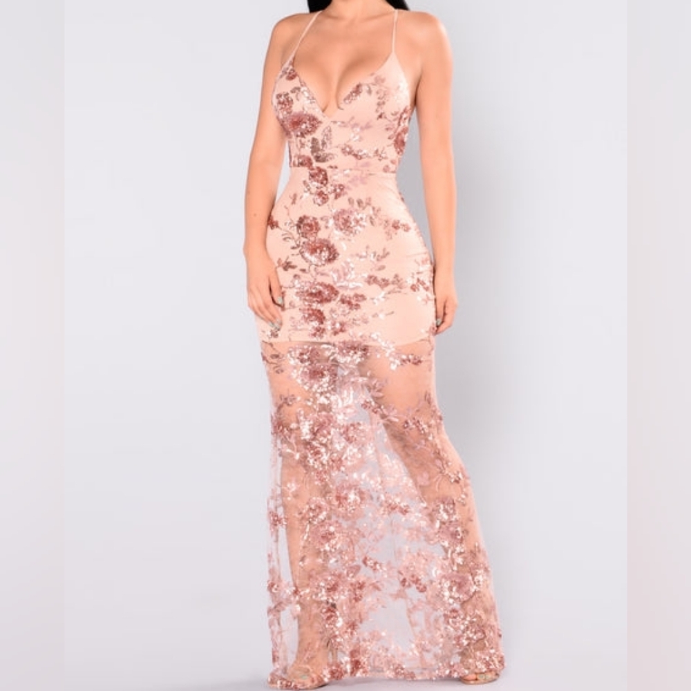 Rose Gold Honor Sequin Maxi Dress - XL - Glam Floral Mesh Gown